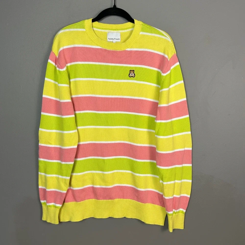 Teddy Fresh Striped Sweater Mens Large Cotton Knit Crewneck Logo Streetwear